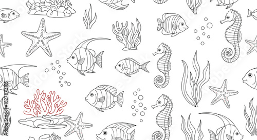 Seamless black and white coloring page pattern with cute cartoon sea creatures like fish seahorses and starfish among underwater plants.