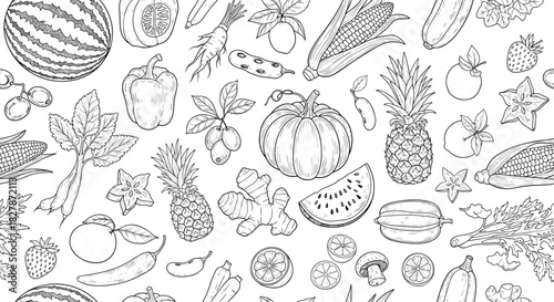 Seamless black and white pattern of hand-drawn fruits and vegetables in a detailed sketch style for healthy food backgrounds.