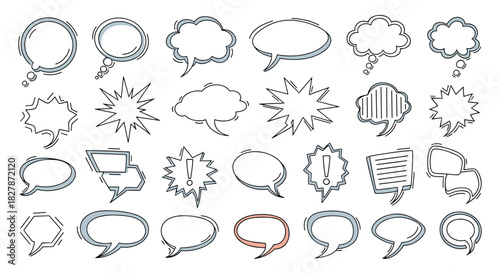 Large collection of hand-drawn doodle speech bubbles and thought balloons in various shapes for comics and communication designs.