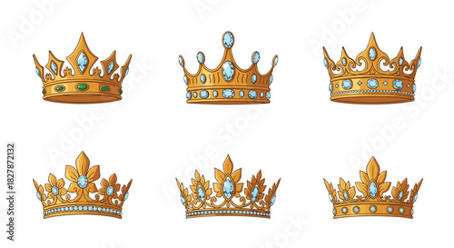 Set of six ornate and detailed golden royal crowns decorated with blue and green jewels for kings queens princes and princesses.