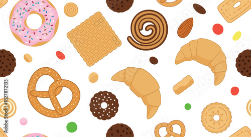 Sweet seamless pattern background with various cartoon cookies pastries and baked goods like croissants pretzels and donuts on white.