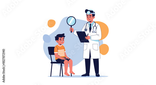 Cartoon illustration of a friendly male doctor with a stethoscope examining a young boy patient using a magnifying glass in a clinic.