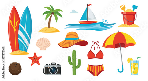 Bright and colorful collection of flat design summer beach vacation icons including a palm tree surfboard bikini and camera for travel.