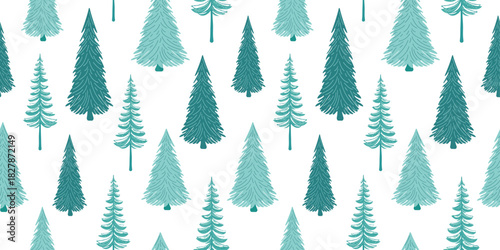 Seamless Pattern With Winter Christmas Trees. Abstract design of coniferous trees, blue fir trees on a white background. Vector horizontal background for postcards, paper printing, fabric, banners