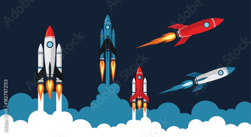 Dynamic collection of five cartoon rockets and spaceships launching into a dark sky leaving trails of smoke and fire behind them.