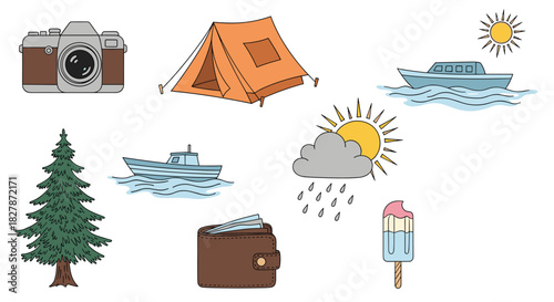 Collection of cute hand-drawn travel and vacation doodles including a camera tent boat and wallet for planning a summer trip.