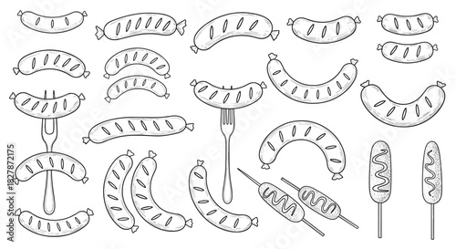 Large collection of hand-drawn sausages and hot dogs in a black and white sketch style for butcher shop or barbecue menus.
