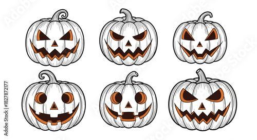 Set of six hand-drawn Halloween jack-o-lanterns with various spooky and funny carved faces in a black and white sketch style.