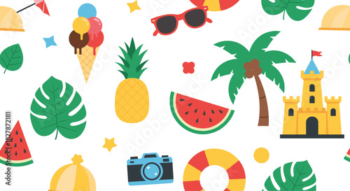 Bright and seamless summer vacation pattern with cute cartoon icons like pineapple watermelon palm trees and a sandcastle on white.