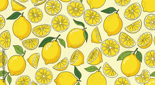 Vibrant seamless pattern of fresh yellow lemons and citrus slices with green leaves scattered on a light yellow background design.
