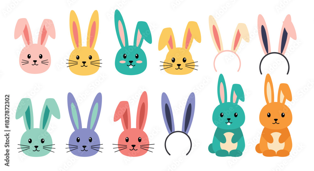 Obraz premium Cute collection of colorful Easter bunny characters and rabbit ear headbands in various bright colors for spring holiday designs.