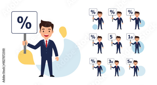 Businessman character in a suit holding a large percentage sign with a set of variations for business sale and discount concepts.