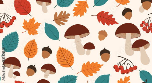 Simple and flat seamless autumn pattern with colorful fall leaves mushrooms and acorns for a seasonal forest-themed background design.