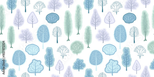 Winter Abstract Forest Painted In doodle Style. Seamless Pattern with snow deciduous trees. Vector horizontal background for postcards, flyers, banners, paper and textile printing