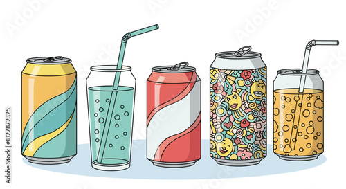 A collection of various soda cans and glasses with fizzy drinks and straws in a colorful and fun cartoon line art style.