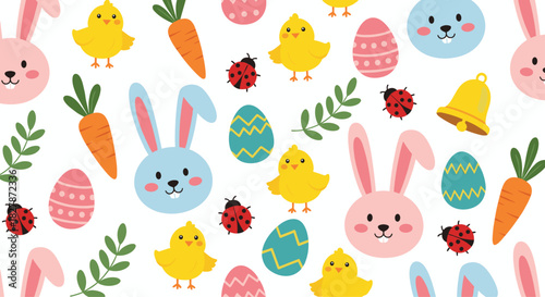 Seamless Easter pattern with cute bunnies chicks carrots and decorated eggs on a white background for spring holiday celebrations.