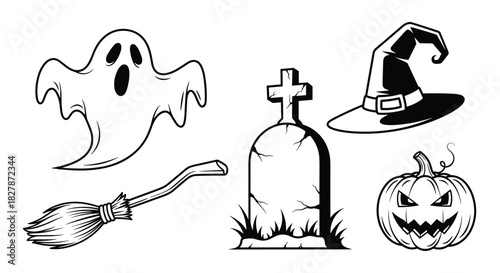 Black and white set of classic Halloween icons including a ghost tombstone witch hat and pumpkin in a simple line art style.