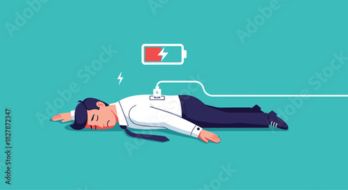Exhausted businessman lying on the floor with a low battery icon above him being recharged with a power cable concept vector.