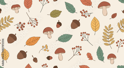 Seamless autumn pattern with hand-drawn colorful leaves acorns mushrooms and rowan berries on a light beige background vector.