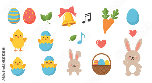Adorable collection of flat design Easter icons including bunnies chicks decorated eggs and a basket on a white background.