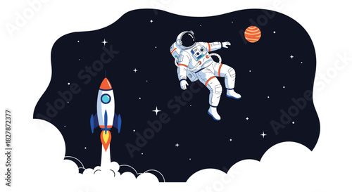 Cartoon astronaut floating in outer space with a rocket launching below and stars and planets in the background vector illustration.
