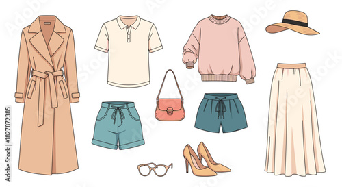 Collection of stylish women's clothing and accessories for spring or autumn including a trench coat skirt and shoes vector.