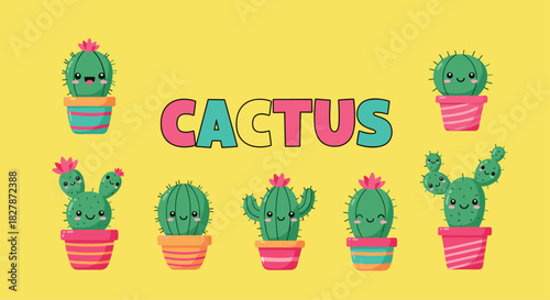 Cute collection of kawaii cactus characters in colorful pots with smiling faces set against a bright yellow background vector.