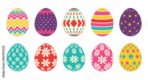Collection of ten colorful decorated easter eggs with various patterns like stripes flowers and stars on a white background.