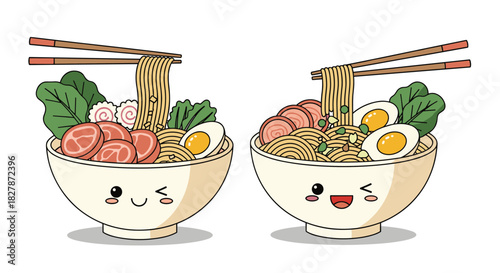 Two cute kawaii ramen noodle bowls with smiling faces chopsticks meat and egg in a japanese cartoon food vector illustration.