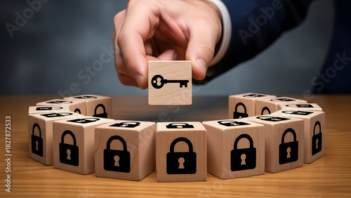Find your security solution now, hand places key block among lock blocks showing data protection, business strategy, and access control for your secure future