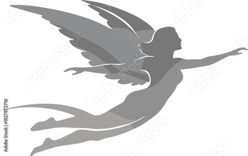 Graceful flying angel woman silhouette with outstretched arms and layered wings in minimalist monochrome vector style
