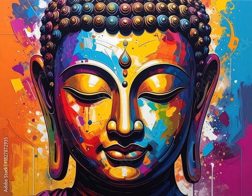 A vibrant, colorful digital artwork, showcasing a serene Buddha portrait with closed eyes, blending lively hues