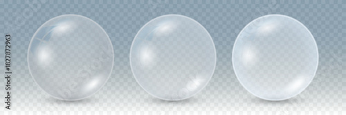 Realistic 3D Soap Bubbles – Transparent Glossy Round Bubbles with Light Reflections and Clear Glass Effect on Isolated Background Vector Illustration