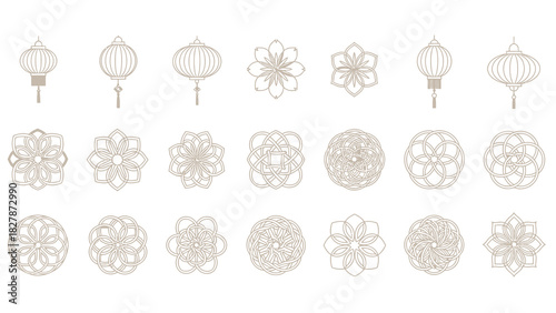 Collection of intricate line art illustrations featuring traditional Asian lanterns and geometric mandala patterns in a light brown hue.