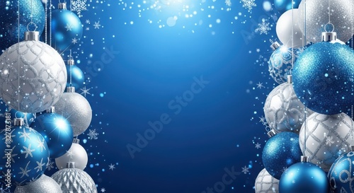 Blue christmas background with sparkling silver and blue ornaments and snowflakes