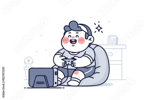 Cute Gamer Boy Playing Video Games Vector Illustration