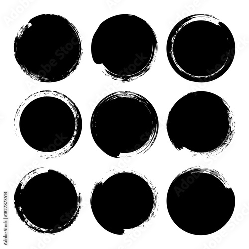 Grunge circles, brush strokes, lines, ink smudges, hand-drawn scribble shapes. Handmade sketchy marks, acrylic stains, charcoal streaks. Paint textures, dry brush effect. Vector illustration