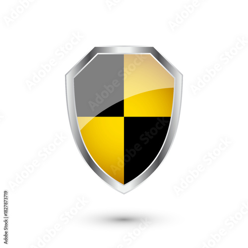Glossy shield with yellow and black pattern. Security and protection concept. Cyber safety icons, internet privacy, web defense, digital data protection and antivirus themes. Vector illustration