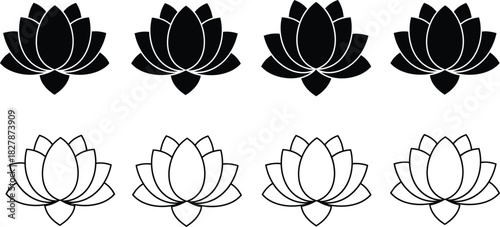 Black and White Silhouettes of Lotus Flowers on a White Background blossom bloom