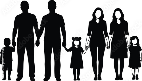 Black silhouette of a family holding hands on a white background parents children