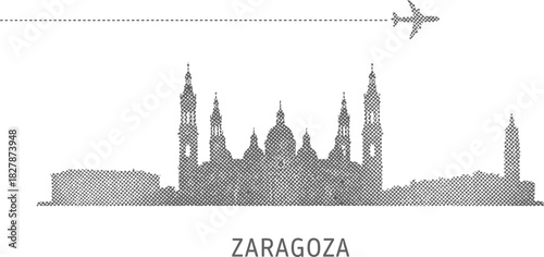 Zaragoza Spain City Skyline and Airplane Travel Dotted Vector