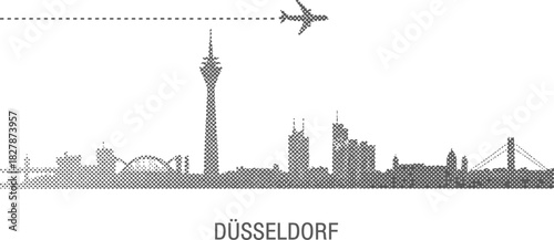 Düsseldorf Germany Cityscape with Airplane Dotted Path Icon