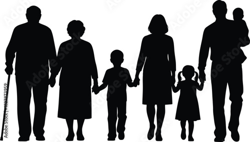 Black silhouette of a multi-generational family holding hands on a white background vector
