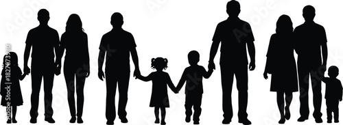Black silhouettes of diverse families walking and holding hands against white background