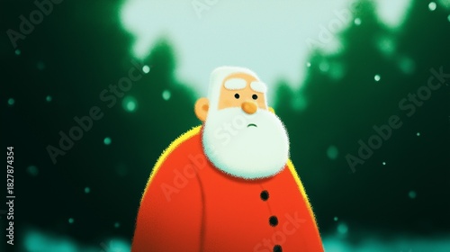 Illustration of Santa Claus looking contemplative while standing in a snowy forest with green trees in the background. Moody winter portrait.