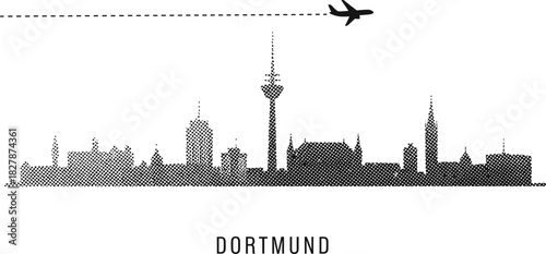 Dortmund Germany Skyline Silhouette Vector Art with Airplane Route