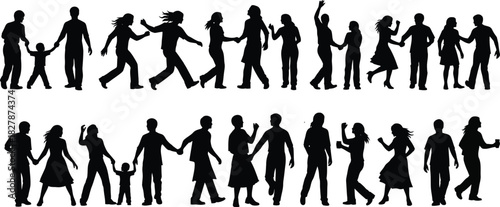 Diverse Silhouettes of People in Various Poses and Interactions Keywords: silhouette, people, group, family, children, adults, walking