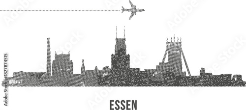 Essen Germany Halftone Grunge Skyline with Airplane Travel
