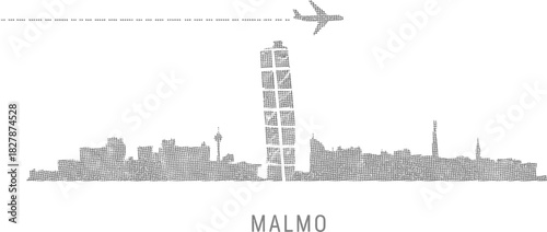 Malmo Sweden Skyline Vector Silhouette Dotted Art with Airplane