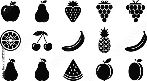 Grid of Fifteen Black Silhouette Icons of Various Fruits on White Background Keywords: fruit, icon, silhouette, black, white background